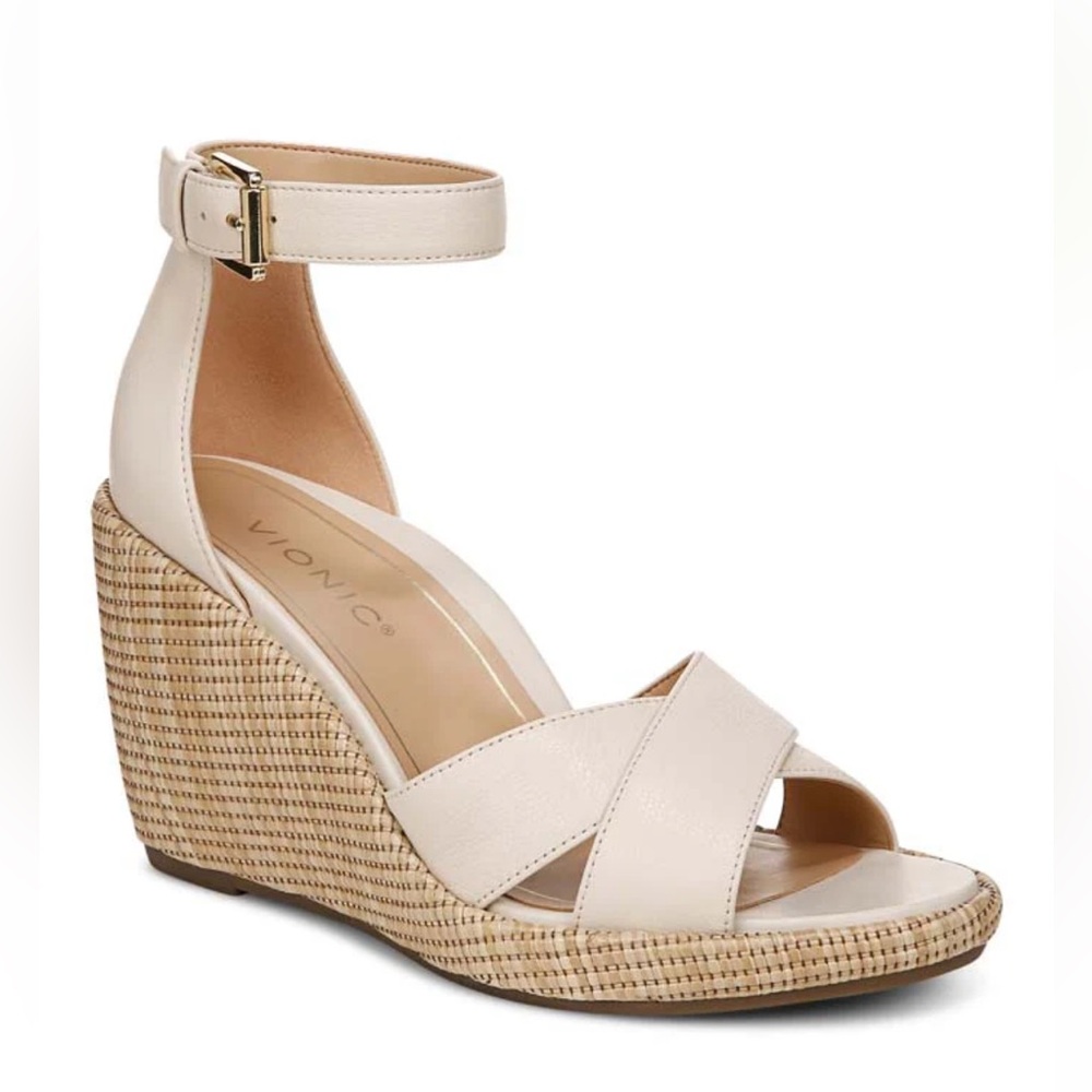 Vionic Cream Leather Crisscross Wedge Sandals with Ankle Strap